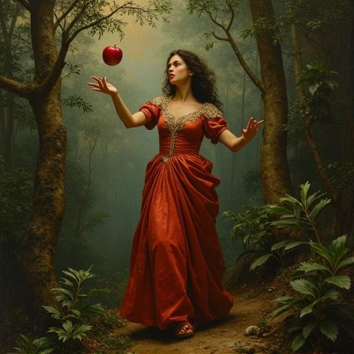 A renaissance style painting of a woman in a jungle. An apple floats in front of her as she reaches out. Drawing influences from Titian and Rembrandt.