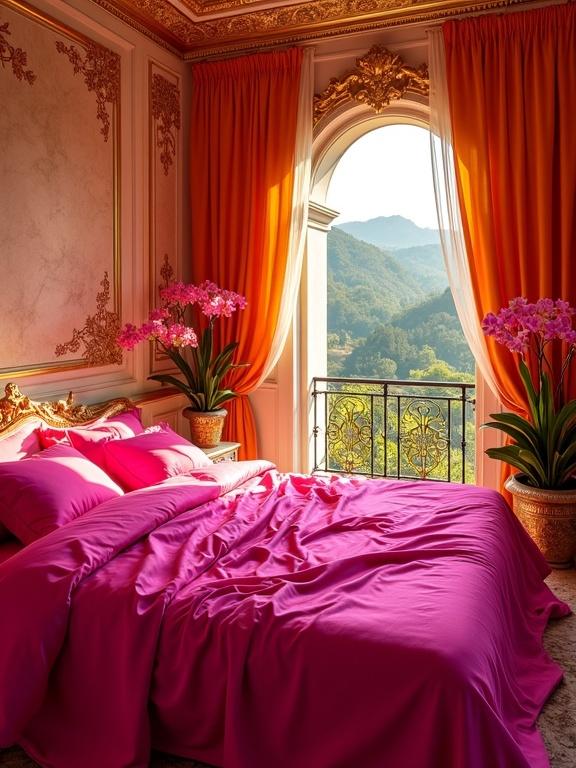 A romantic bedroom filled with vibrant colors and textures. It features electric Viva Magenta satin sheets and pillows. The bed is surrounded by pink silk. Golden curtains frame a marble balcony. Tropical orchids add color and life. The walls have embossed floral patterns.
