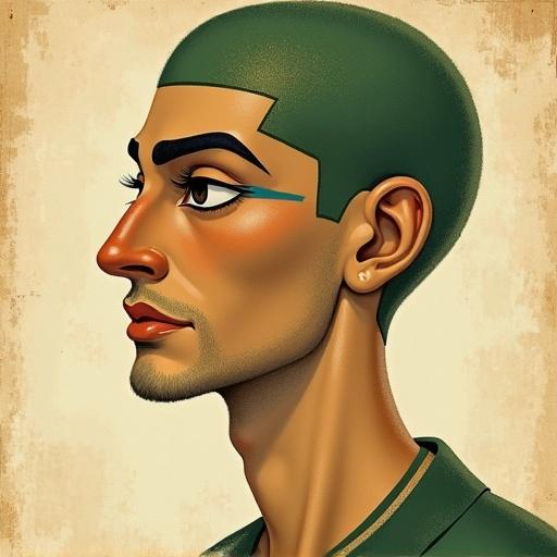 Illustrative painting of a man with a green gradient and vintage texture. Styled in a pencil drawing technique with muted earth tones and pastel colors. Features Egyptian highlighted nose and big outlined eyes. Background resembles ancient manuscript with soft gradients and flat colors.