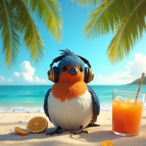 Comical swallow with wireless Bluetooth headphones relaxing by the beach. Two coconut trees surround it. A glass of Hawaiian juice is next to the swallow. Bright sunny day with ocean in the background.