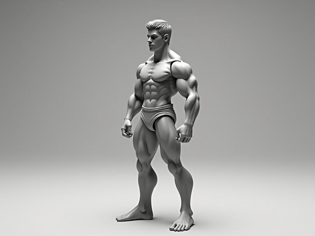 The image depicts a stylized 3D model of a muscular male figure. He stands in a neutral pose, showcasing exaggerated features such as defined muscles and a strong physique. The model is rendered in shades of gray, which gives it a sculptural appearance. The background is minimalist, allowing the figure to be the main focus. This representation could be used in various applications like animations, video games, or fitness promotions.