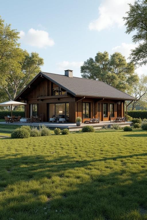 Design of a farm featuring a 1000m2 area with a 150m2 villa. Included are a chicken house, two sheep, and a dog. Focus on realistic calculations and layout.