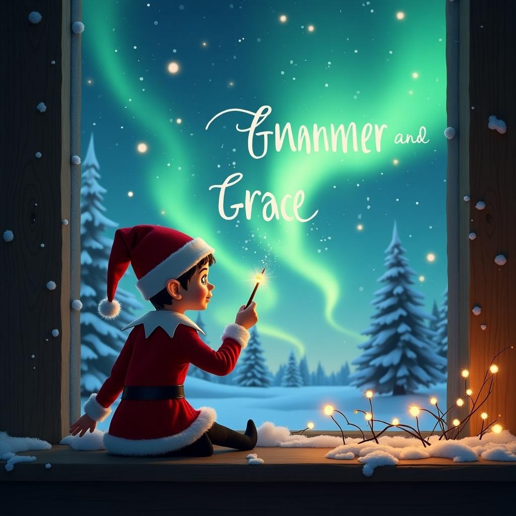 The image features an elf on the shelf with his back to the viewer, gazing up at the sky. He is using a wand to magically write the names 'Gunner and Grace' in the air. In the background, a spectacular display of northern lights illuminates the winter night. Snow-covered trees and twinkling fairy lights adorn the window sill, creating a cozy atmosphere. This enchanting scene captures the essence of Christmas magic and childhood wonder.