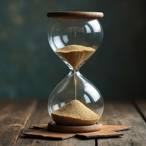 A broken hourglass with sand inside. Soft focus background enhances the hourglass. The hourglass is on a wooden surface. Sand is pouring through the center. Captures the passage of time.