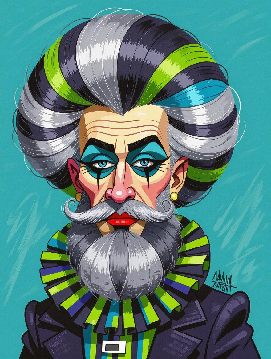Exaggerated caricature drawing of a person with fair skin. Long flowing and full striped beard. Hair styled in voluminous curls piled high. Heavy stage makeup includes dark eyeshadow and black eyeliner. Shiny fabric garment with a large decorative bow at the neckline. Digital cartoon portrait with bold colors against a solid background.
