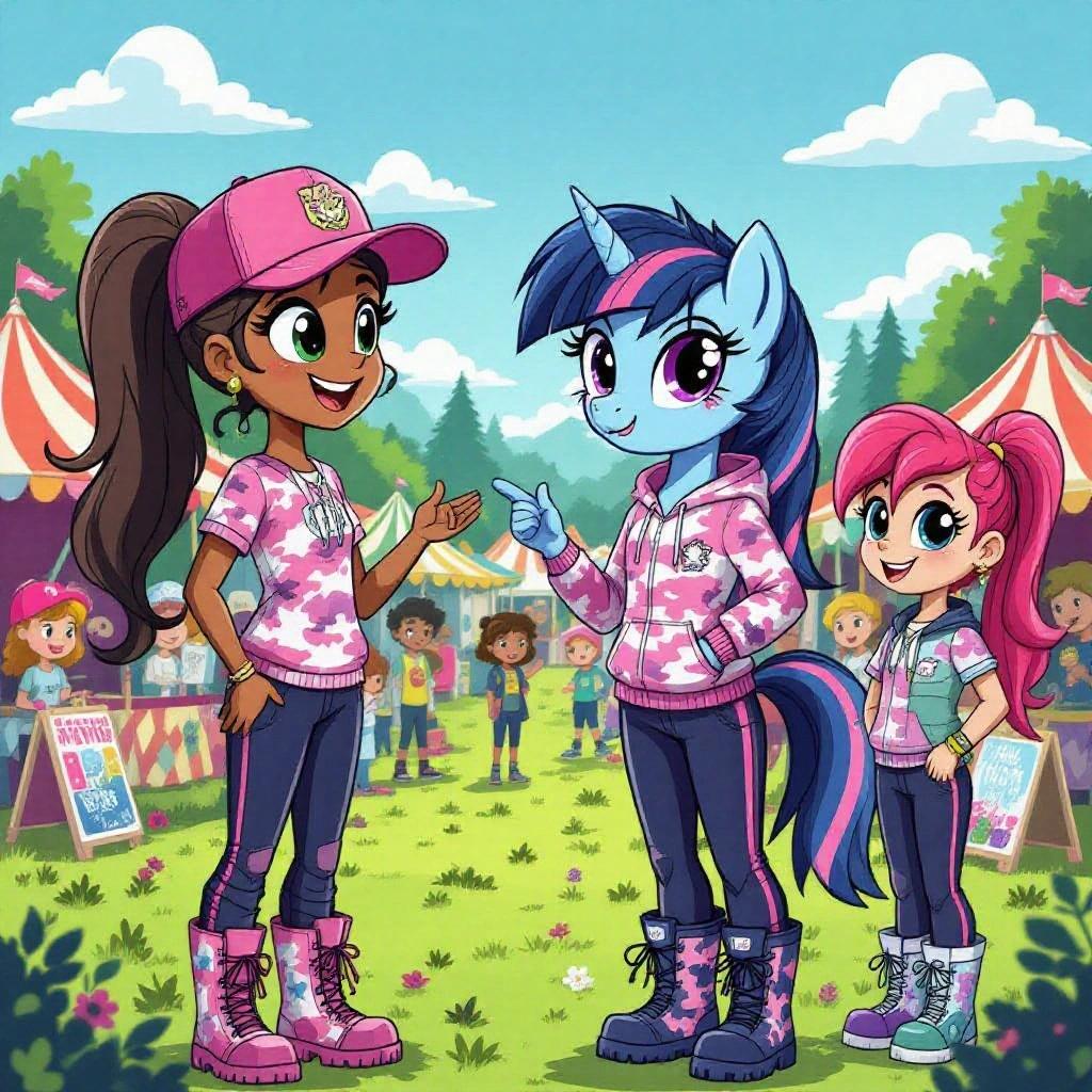 At a lively music festival, a young girl introduces her friends to a magical horse character. The scene is vibrant with carnival elements in the background. Each character has distinct clothing styles fitting a casual outdoor theme. The atmosphere is friendly and energetic.