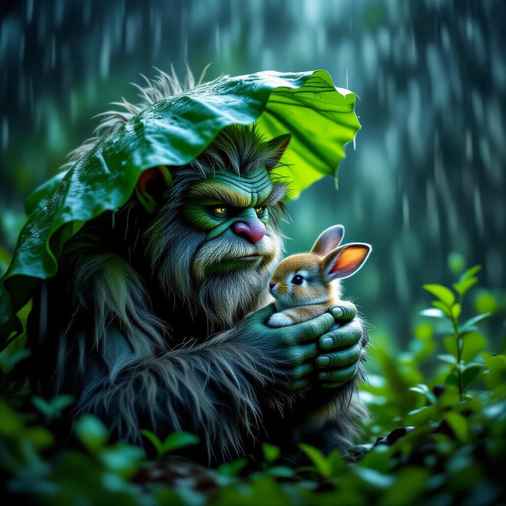 A kindhearted hairy troll holding a tiny baby bunny under large green leaves in a storm. The scene shows heavy rainfall and is dark and moody. High definition photography with vibrant dark colors.