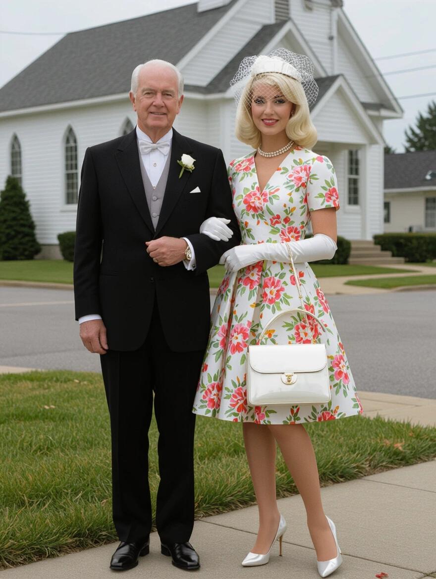 1970s era scene showing a woman with platinum blonde hair. She holds a white shiny purse and wears a floral church dress with a pearl necklace. White gloves and a small hat with a veil complement her outfit. The older man stands beside her, contributing to a vintage wedding look in front of a small town church.