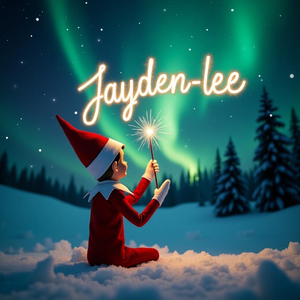 This image captures a magical scene featuring an elf on the shelf with its back towards the viewer. The elf wears a traditional red costume and gazes up at the breathtaking northern lights filling the dark sky. In one hand, it holds a magic wand, using it to elegantly inscribe the name 'Jayden-lee' in sparkling letters. The serene snowy ground enhances the enchanting atmosphere of the moment. Overall, this illustration evokes the spirit of Christmas and wonder, creating a sense of holiday joy.