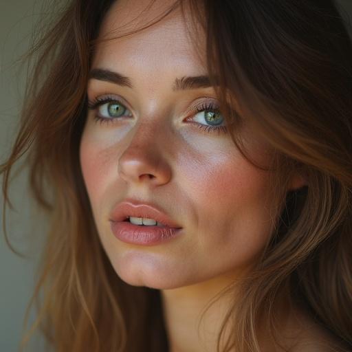 Close-up shot focusing on a woman with soft skin and captivating eyes. Natural light enhances her features and showcases beauty.