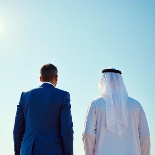 View from behind of businessman in royal blue suit and Gulf Arab man in white. Both looking at sky with hope as they go forward. Features are not visible.