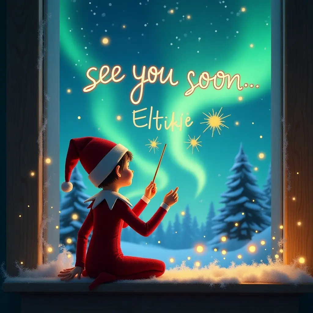 Elf on the shelf with back turned to the image. Facing the sky. Using a wand to write in the sky. Background features magical Christmas scene with northern lights and Santa.