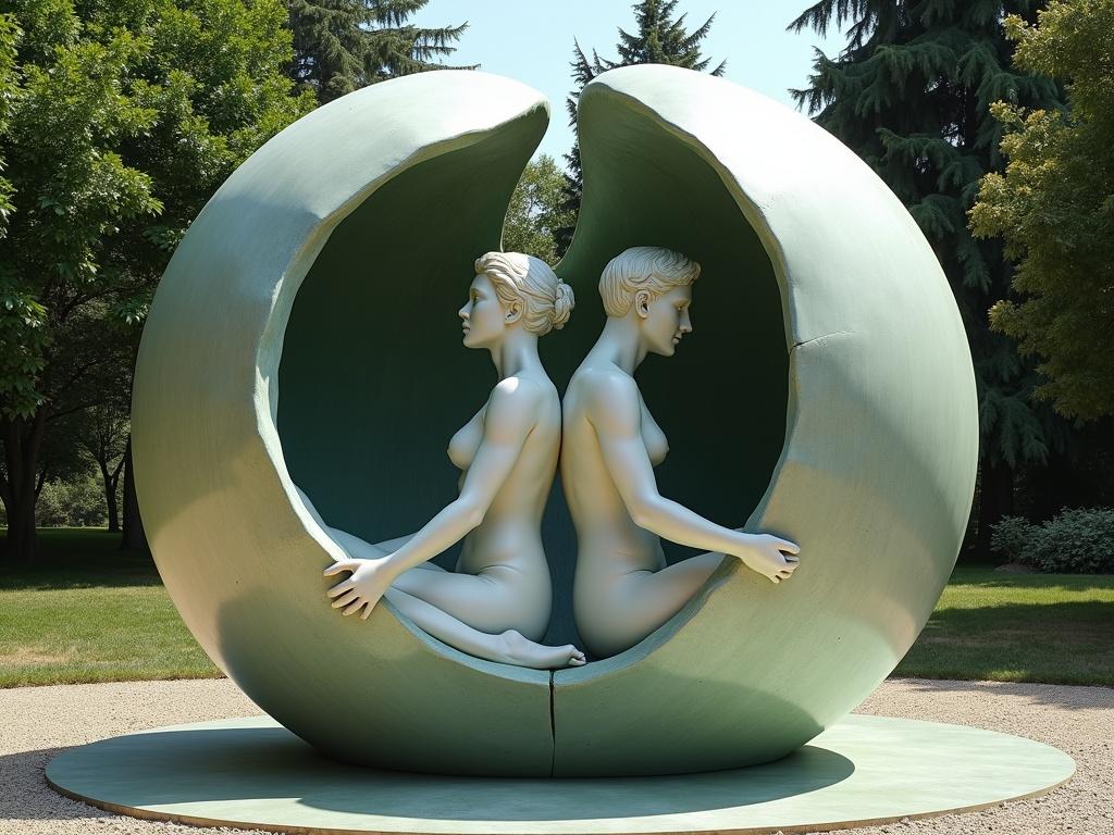 Spherical humans depicted as fluid sculpture in a garden. Woman and man seated back to back in a hollow ball. Bodies transition from human shape into ball shape.