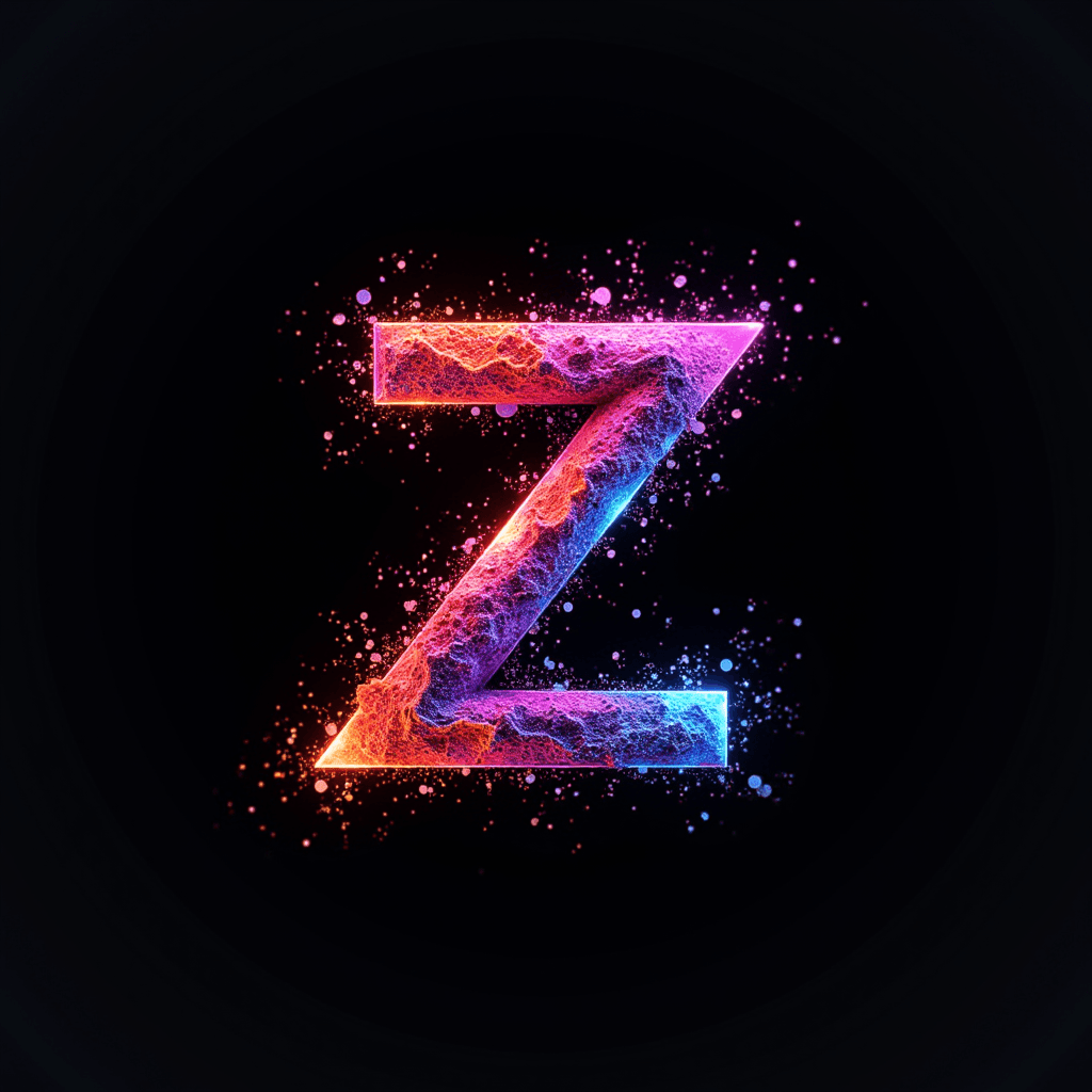 A vibrant neon letter 'Z' with an electric and colorful glow against a dark background.