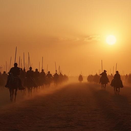 A wide view of Kurukshetra battlefield at dawn. Chariots lined up. War drums beating. Pandava army ready in formation. Sky covered with dust. Tension in the air. Epic style. Ancient Indian battlefield. Cinematic lighting.