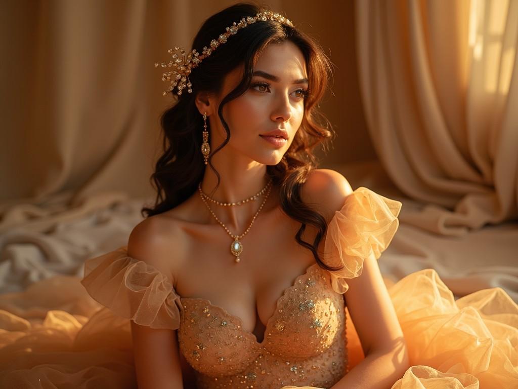 The image showcases an opulent regal queen adorned in luxurious attire. She wears a topaz-colored gown, emphasizing elegance and grace. The soft warm tones in the background create a cozy and inviting atmosphere. Soft lighting gently highlights her features and the intricate details of her outfit. Surrounding the model, the decor enhances the overall regal aesthetic of the scene.