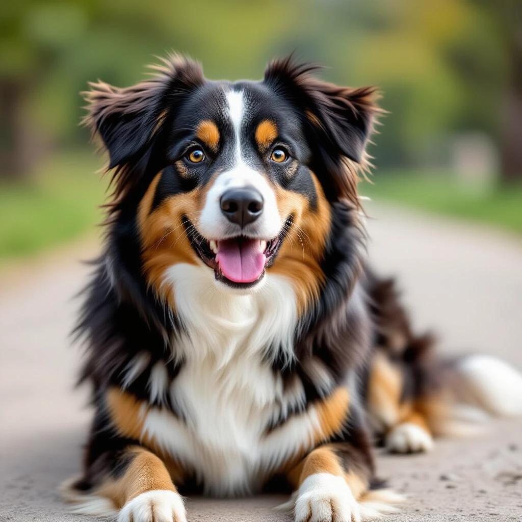 A dog relaxes on a pathway. The scene is filled with greenery and soft lighting. The dog has a distinctive coat pattern. It shows a calm and friendly demeanor.