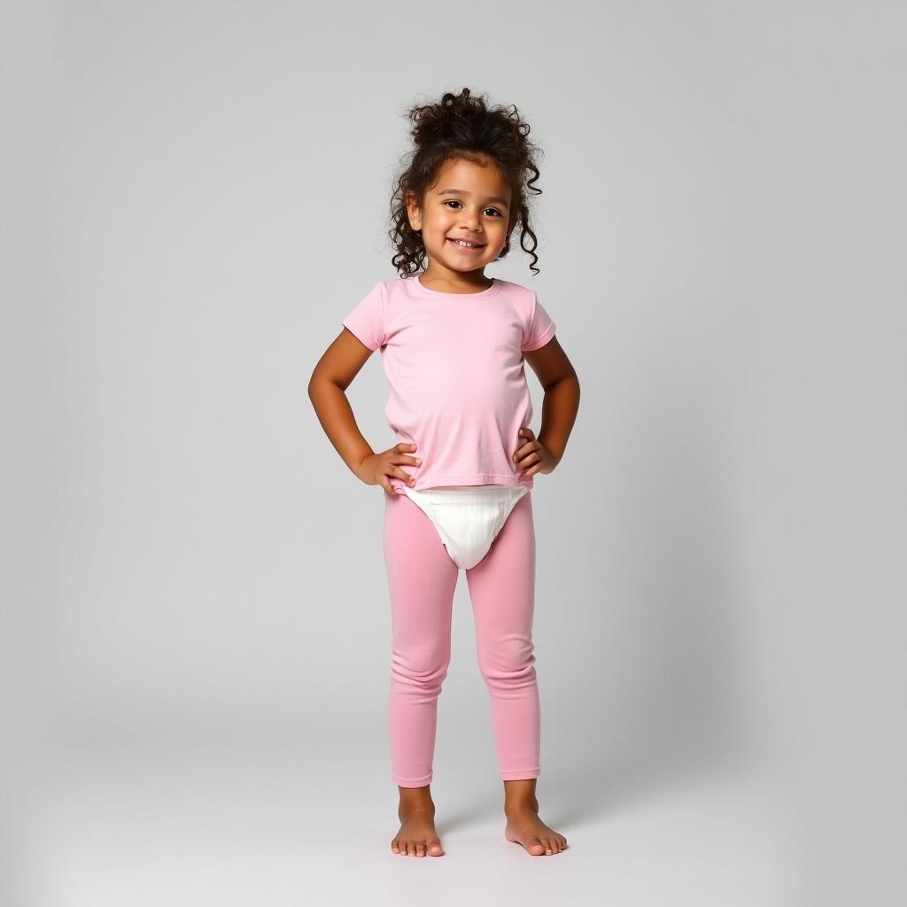 Young girl confidently stands in playful pose wearing a pink t-shirt and pink leggings with white diaper. Soft gray background enhances comfort and innocence.