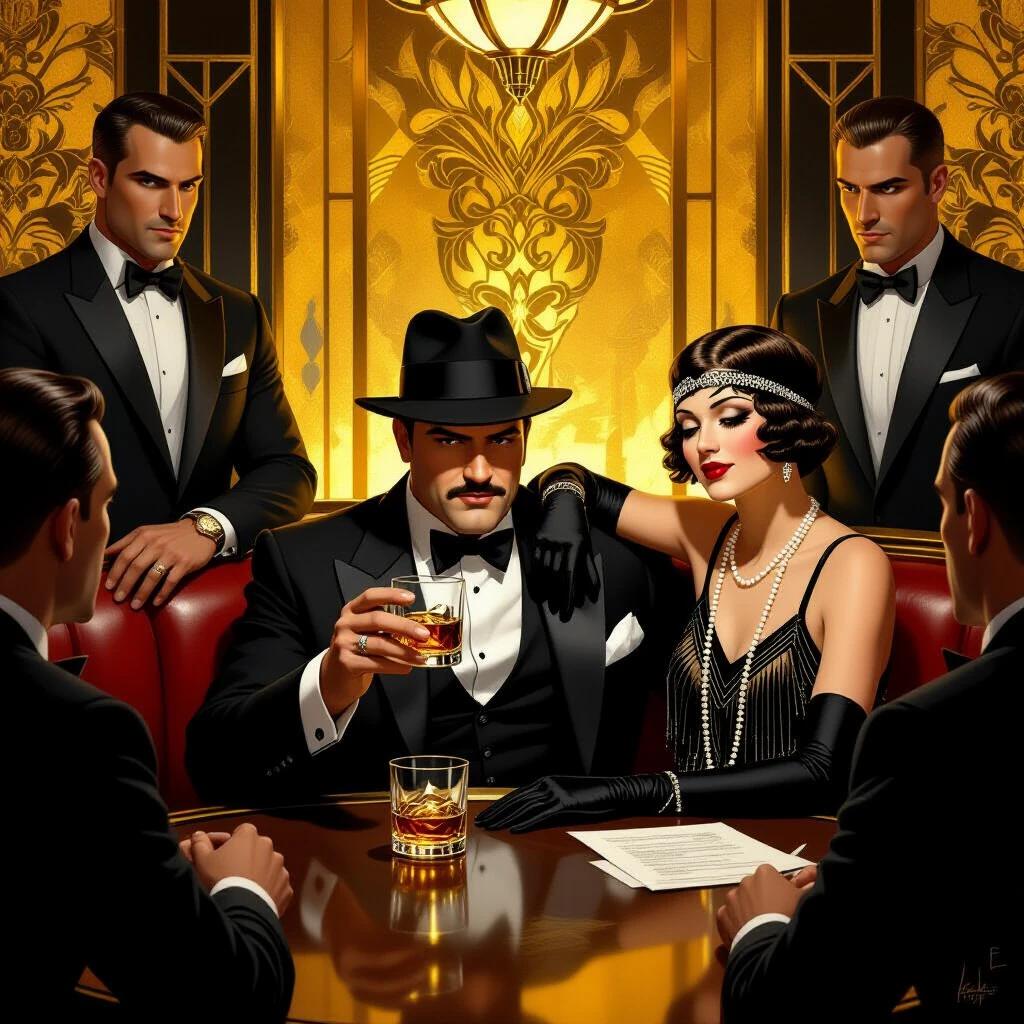 A mob boss holds court in a private booth. A confident flapper is on his arm. Bodyguards flanked around. Mob boss gives orders over a whiskey glass. The setting has a gold and black art deco interior. The style is realist.