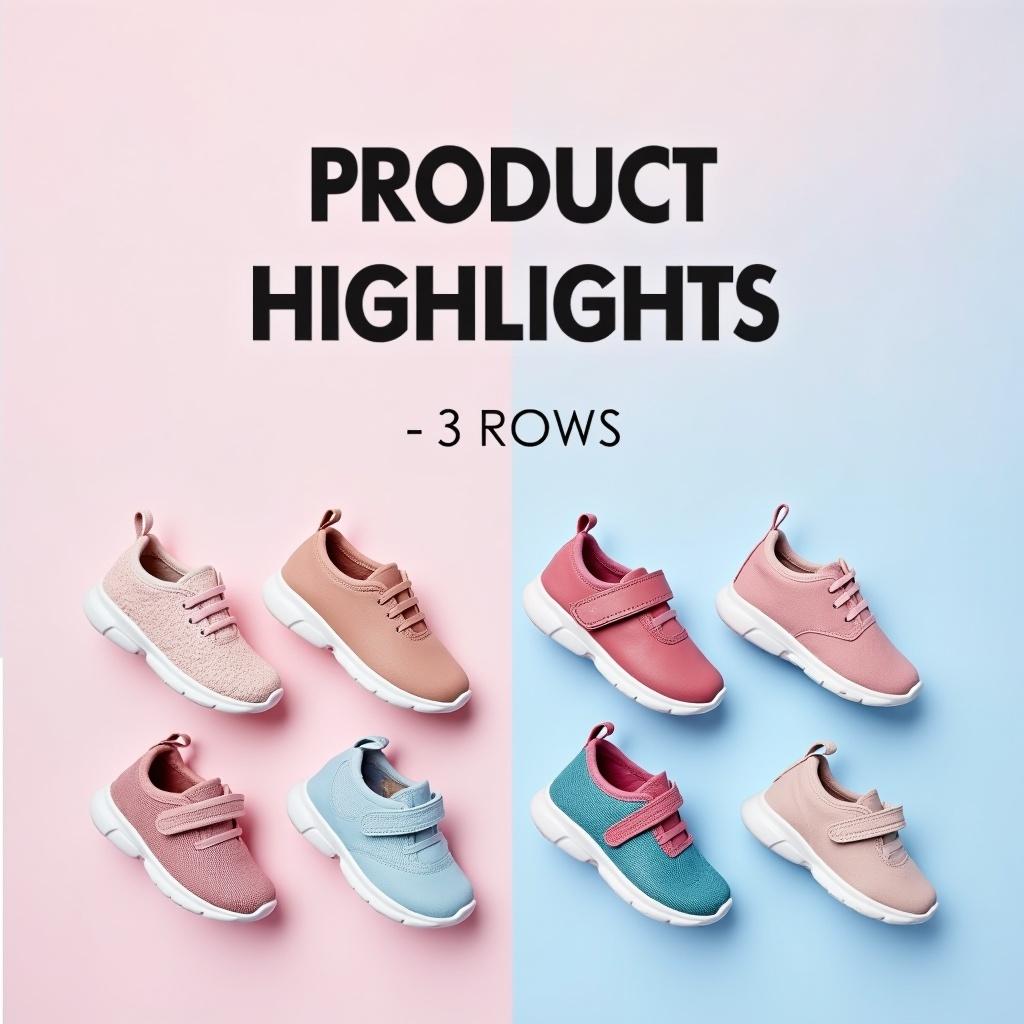 Highlight the product features of children's shoes with an emphasis on dynamic arrangement. Use a pink and light blue color scheme. Incorporate bold typography and modern layout. Style should be high realistic in a photo studio.