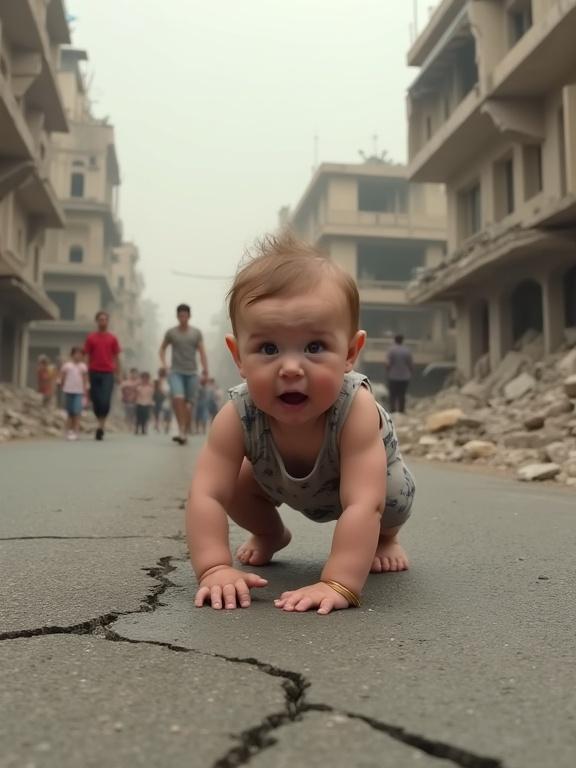 A baby crawls on cracked asphalt. The city street is destroyed. People flee in the dusty background. Buildings are crumbling from an earthquake.