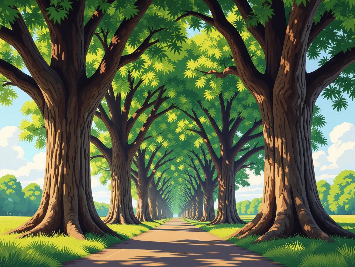 Background image features large trees in a hyperrealistic drawing style. Trees create a canopy over a pathway. Bright sunlight illuminates lush green leaves. The scene evokes serenity and tranquility. Ideal for nature themes.