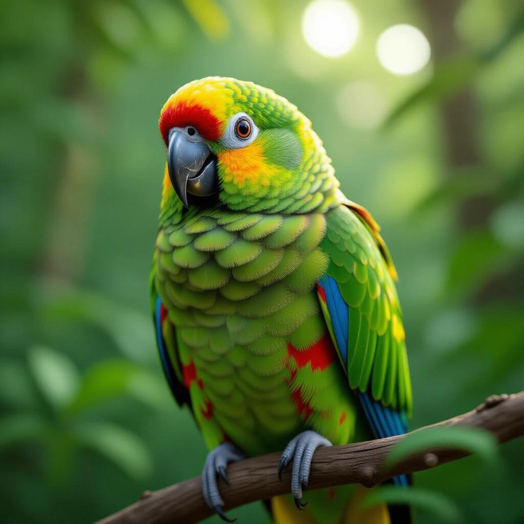 Cuban Parrot named Neela perched on a branch in the Sundarbans forest. Lush green surroundings. 3D hyper-realistic portrait showcasing vibrant colors. Soft background with natural light.