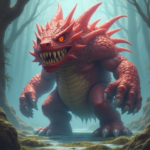 A large, fierce monster inspired by Pokemon with red scales and yellow eyes in a dark forest setting. The monster has sharp claws and a dragon-like appearance, surrounded by mist and trees.