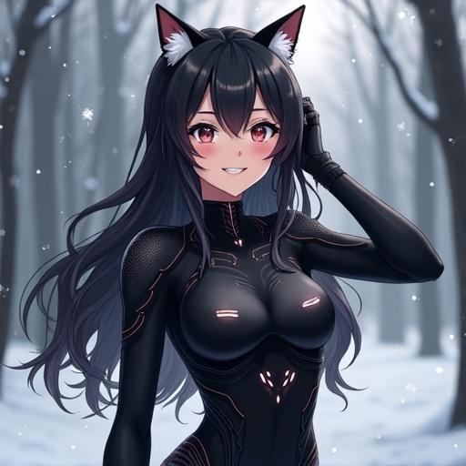 Beautiful anime girl with long wavy black hair and white-tipped cat ears stands in snow-covered forest. She smiles brightly showing her teeth and wide sparkling eyes. Right hand raised touching back of head in playful pose. She wears sleek black futuristic bodysuit with glowing circuitry patterns. High collar suit with white fur trim. Hair flows down catching light and illuminated. Forest behind is serene with tall bare trees and gentle snowfall. Muted grayscale color palette with faint glow effects. Dreamy quiet atmosphere with confidence and charm.