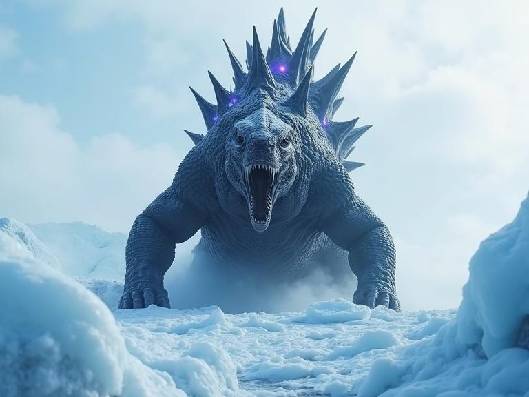 A large spiky Godzilla with dorsal spines crouching in snowy Antarctica. Ice and snow falling off its body. Dark purple and blue glows emanate from its spines. The landscape features tall glaciers. A bright sunny atmosphere enhances the scene.