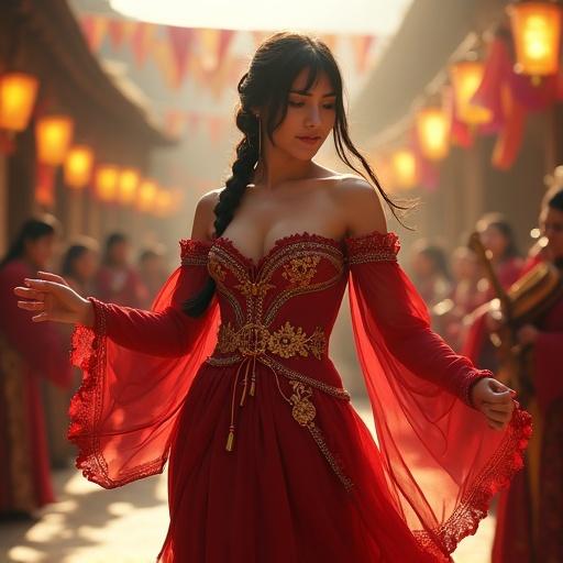A young Romani-inspired noblewoman dances gracefully. She has porcelain skin with a rosy glow. Long black hair is braided with gold coins and crimson ribbons. Wearing a crimson dance gown with intricate gold embroidery. The bodice highlights her figure while maintaining elegance. Her skirt flows with high slits revealing her legs. Background features a medieval festival courtyard with colorful lanterns. The atmosphere is warm and inviting with blurred musicians and onlookers in the background.