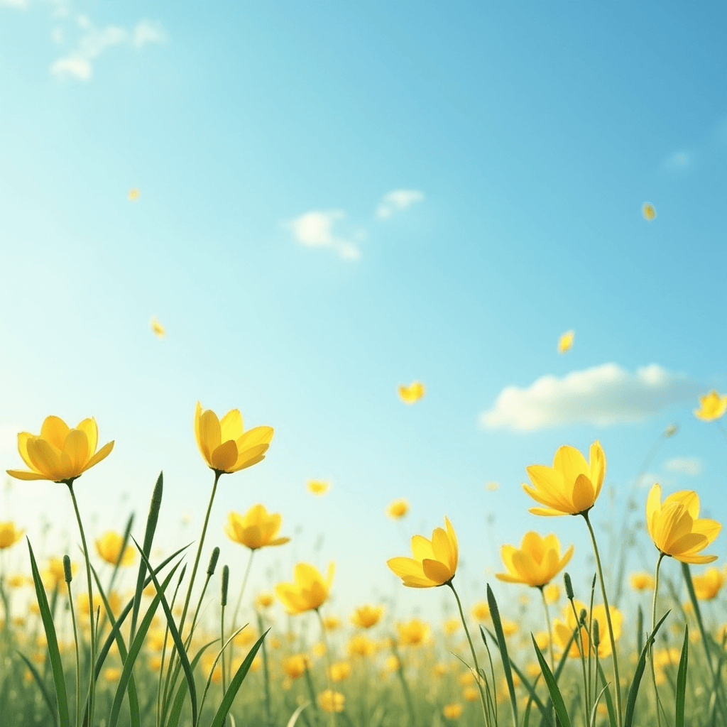 A field of yellow flowers reaches towards a bright blue sky, with a few white clouds scattered above.