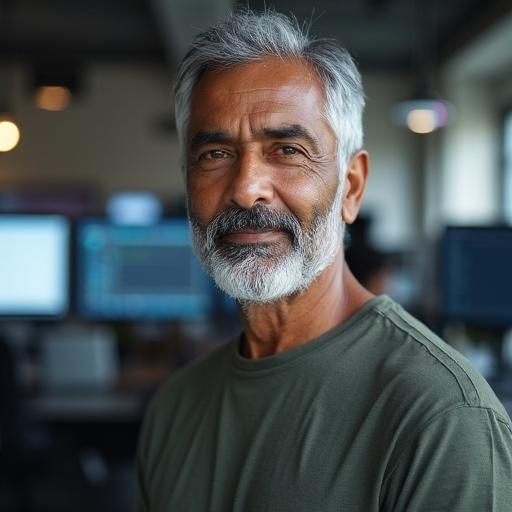 Headshot of a middle-aged man with grey hair in a t-shirt in a software office.