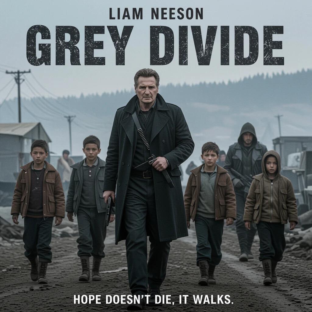 Movie poster for Grey Divide featuring Liam Neeson in a wasteland. He is escorting a group of four orphans. The atmosphere is dark and rugged. The text displays the title Grey Divide prominently. The tagline reads 'Hope doesn’t die. It walks.' Text and imagery convey urgency and survival themes.