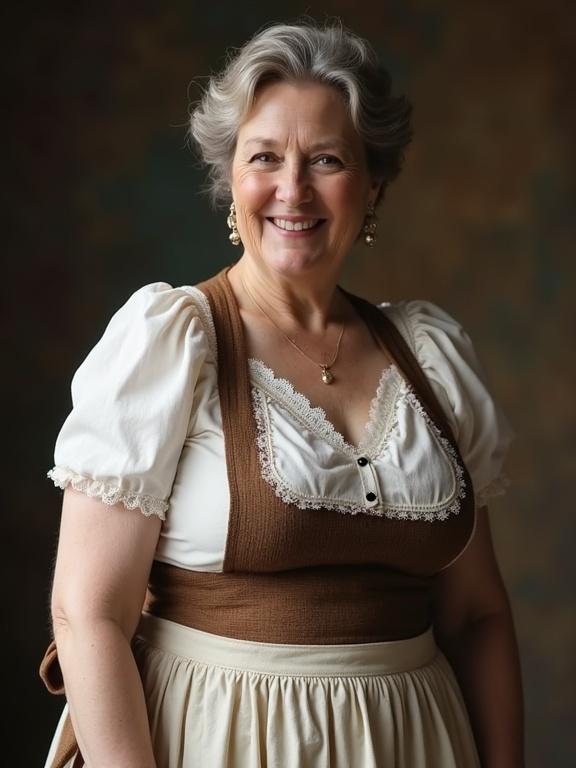 Woman with grey hair smiling. She wears a traditional outfit featuring a white shirt and a brown apron. The setting has a warm background.