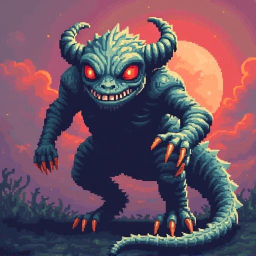 A fantastic creature depicted in pixel art style. It has green skin, glowing red eyes, and a threatening stance. The background features a large glowing moon.