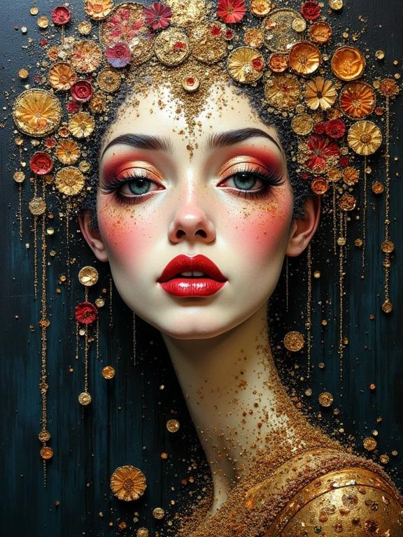 A stunning portrait inspired by Gustav Klimt. Features intricate textures and multi-layered designs. Beautifully decorated face with vibrant colors and artistic elements. Evocative and magical appearance with a sense of depth.