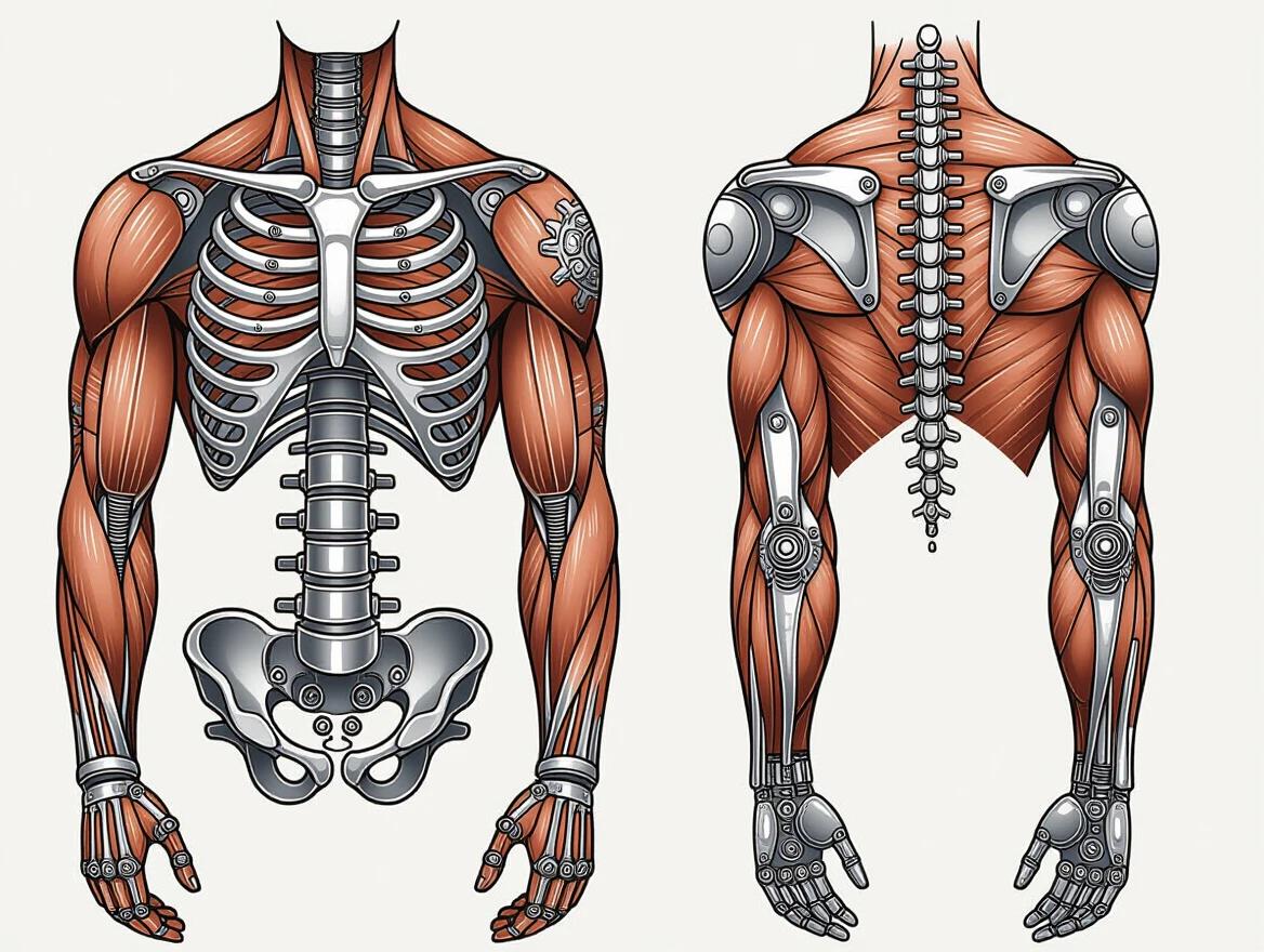 Illustration of human anatomy combining muscle and mechanical elements. Detailed views of the chest and back showcasing a biomechanical theme. Symmetrical layout with high contrast. Designed for tattoo applications. No text or logos included. Industrial aesthetic with a white or grey background.