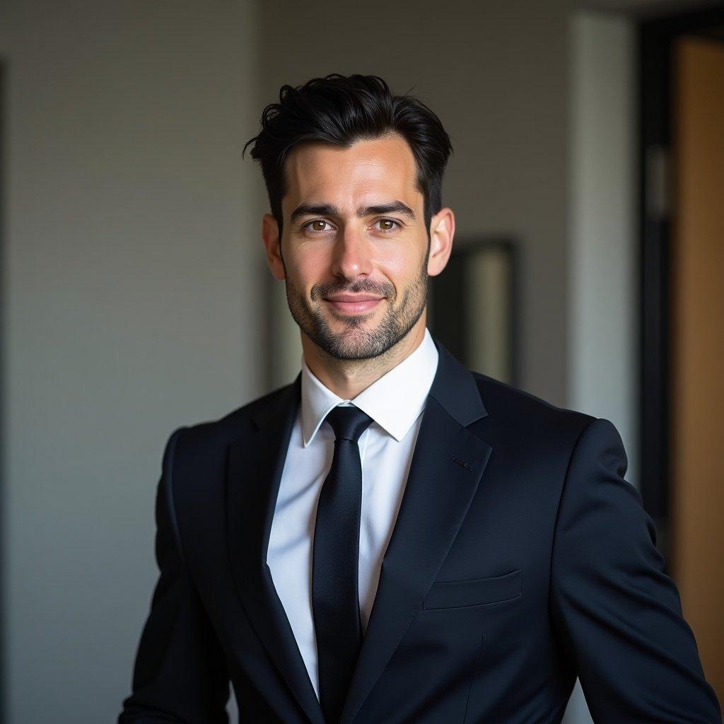 Image of a man in a tailored business suit. Confident expression. Dark black hair. Clean-shaven round face. Simple elegant background.