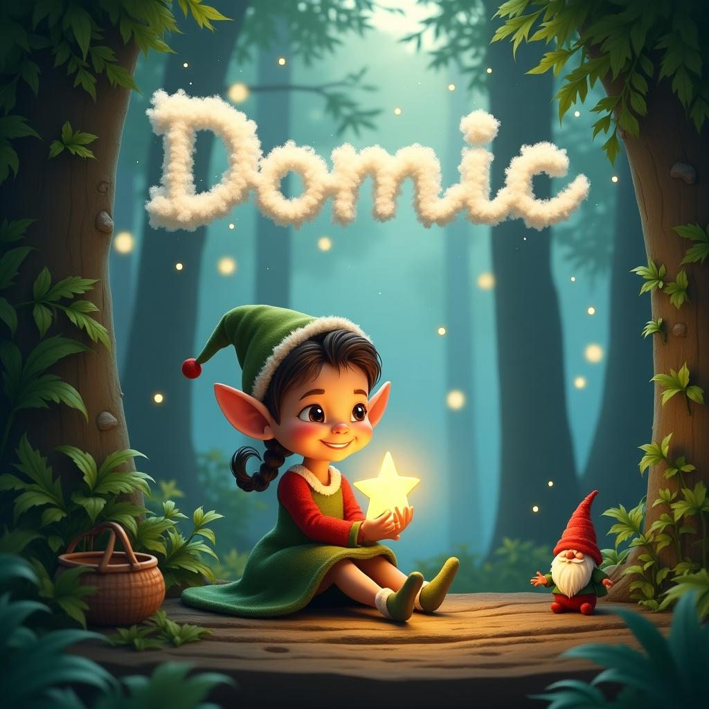 In a magical forest, a young elf with pointed ears and a festive outfit sits on a wooden platform. She is holding a glowing star in her hands, amidst lush greenery. The background contains tall trees with soft, ethereal light filtering through the leaves. In the sky above, Dominic’s name is written in whimsical cloud-like letters, surrounded by hints of blue and white. Small woodland elements like a cozy basket and a charming little gnome add to the enchanting scene, creating a perfect festive atmosphere.