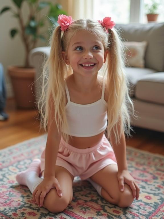 A young girl kneels on a colorful rug in a soft-lit living room. She has long blonde twin tails with pink bows. The outfit includes a white crop top and pale pink shorts. She is wearing thigh-high socks and simple black shoes. Her expression shows innocent curiosity with a flirty smile.