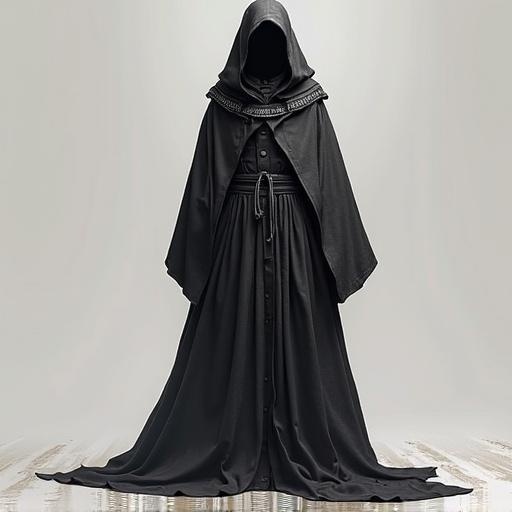 A concept design of a robe created by a digital artist. The robe is long and flowing, with a hood, made of dark fabric. It has intricate details along the edges and a belt at the waist. The figure stands upright, presenting a mysterious and artistic aura.
