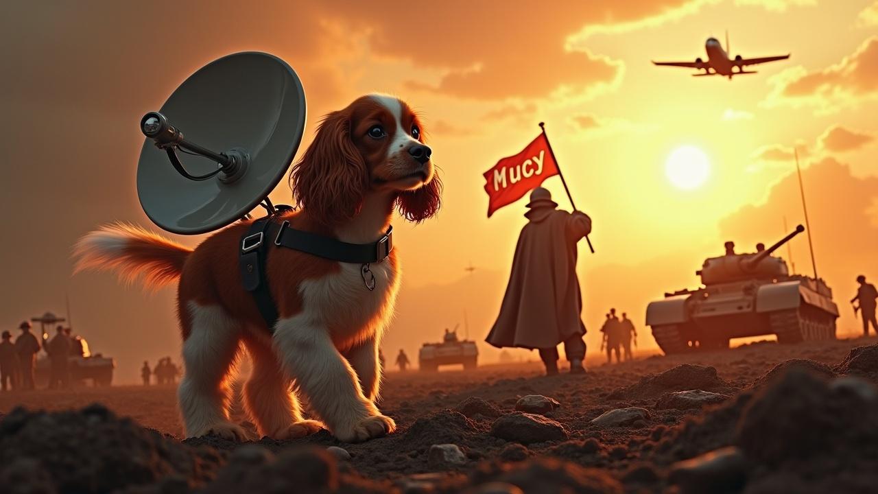 In a dramatic and awe-inspiring scene, a fluffy brown and white cavalier king charles spaniel walks across a dark, desolate battlefield. There is a radar dish strapped to its back. Nearby, a figure wearing a cloak stands valiantly holding a flag with a dog emblem. In the background are numerous small soldiers holding rifles as well as tanks, barely visible among the shadows. The sky is lit by the bright radiance of the sun. A jet fighter passes overhead with the text 'Mucy' boldly displayed in fiery writing.