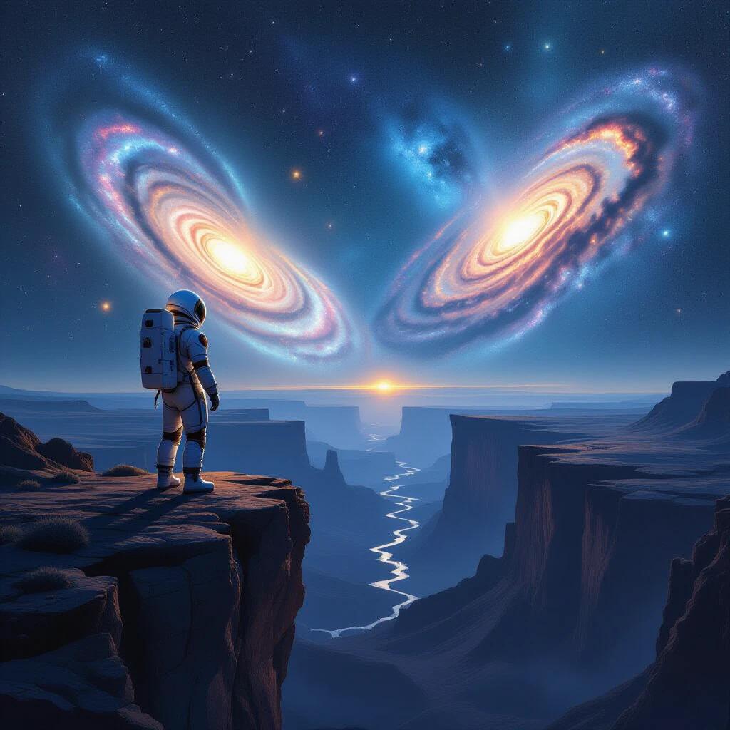 An astronaut stands on a rocky cliff. Twin galaxies shine brightly in the sky above. A river winds through a canyon below. The scene is illuminated by the glowing galaxies.