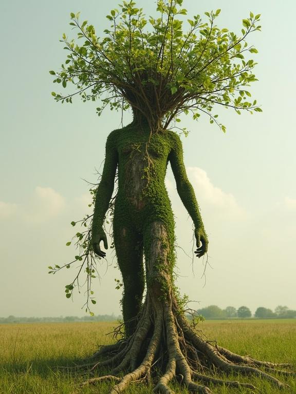 A young girl transforming into a tree. Body turns into bark. Branches and leaves form. Limbs morphing into tree branches. Roots emerge from feet. Deeply connects to earth. Field remains unchanged. Magical transformation emphasized.