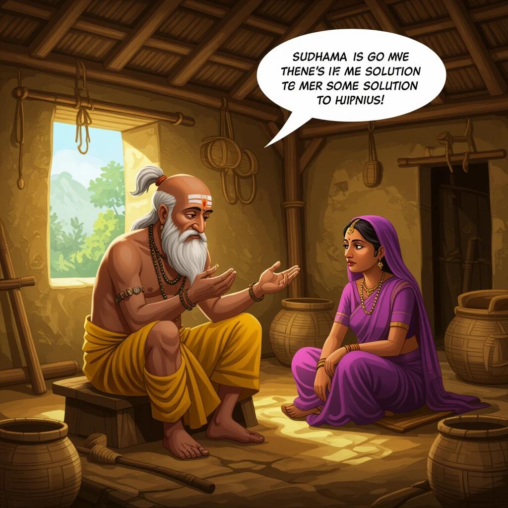 Sudhama is a bald man with a single ponytail wearing simple clothes. He is sitting in a very poor hut. His wife is next to him telling him to find some solution to their poverty.