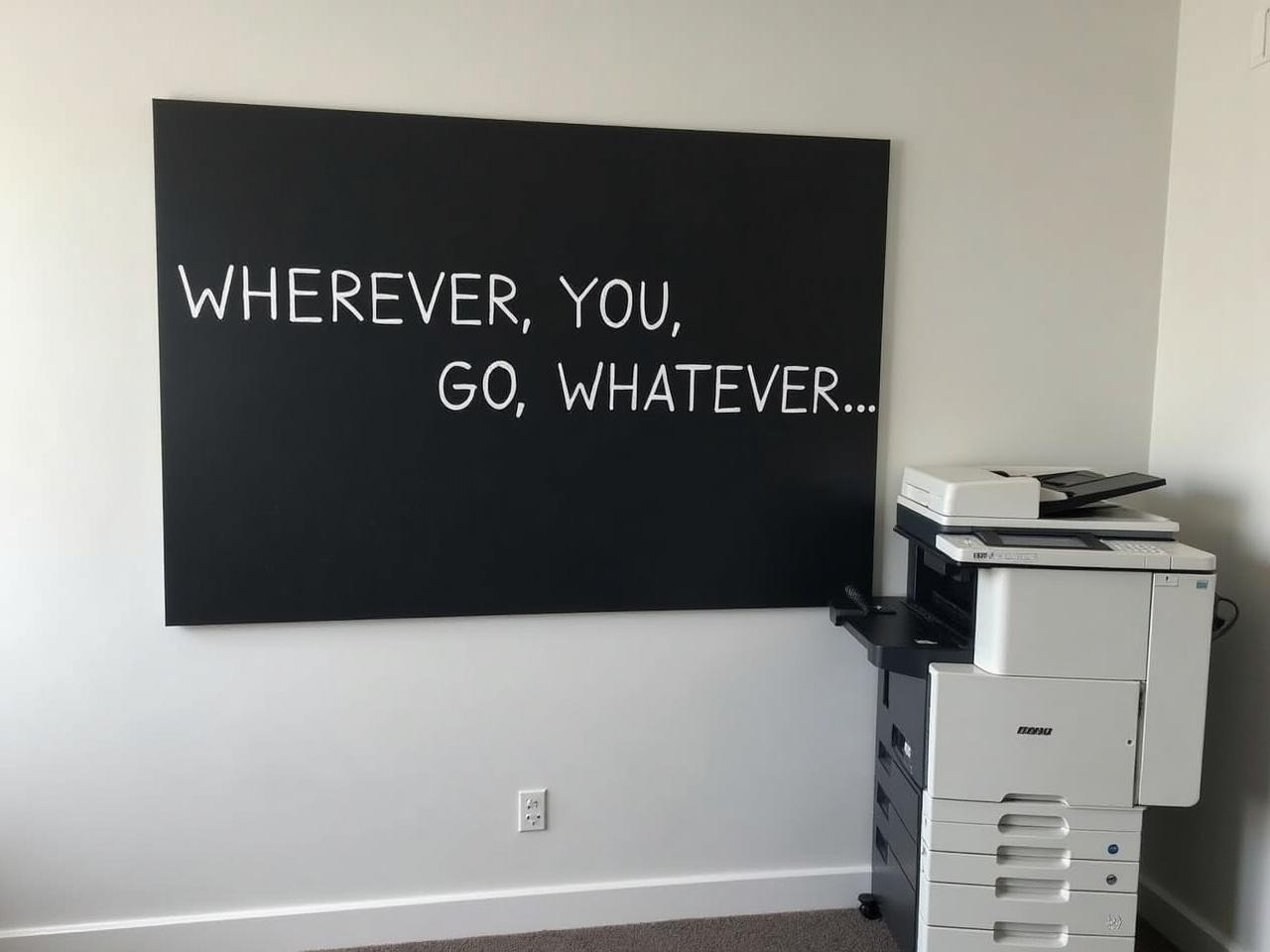 The image features a large blackboard with the phrase 'Wherever you go, whatever.' written in bold white letters. It is set against a minimalist backdrop, emphasizing simplicity and focus. The surrounding space is uncluttered, promoting a calming atmosphere. Next to the blackboard, a photocopier is placed, hinting at its use in a professional environment. The room benefits from natural light, enhancing the overall aesthetic appeal.