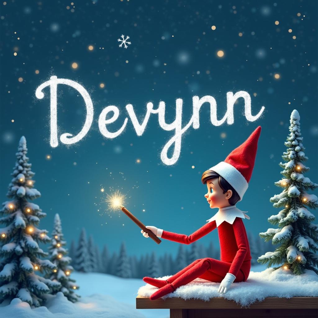 Elf character sitting on a snowy surface with a backdrop of trees and lights. Elf writes Devynn in the sky using a wand.