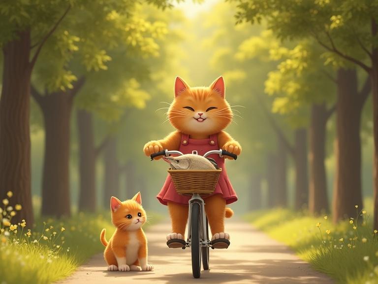 An orange tabby cat rides a bicycle along a tree-lined path. One orange kitten sits in the front basket. Another kitten rides in a child seat behind. A side basket holds fresh fish. The mood is peaceful and warm with soft late afternoon light.
