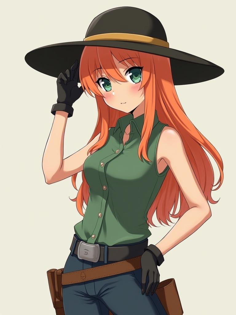 Anime girl with orange hair wears a wide brimmed black hat. Green sleeveless shirt complements dark blue pants. Hands gloved in black leather. Brown leather boots enhance the outfit.